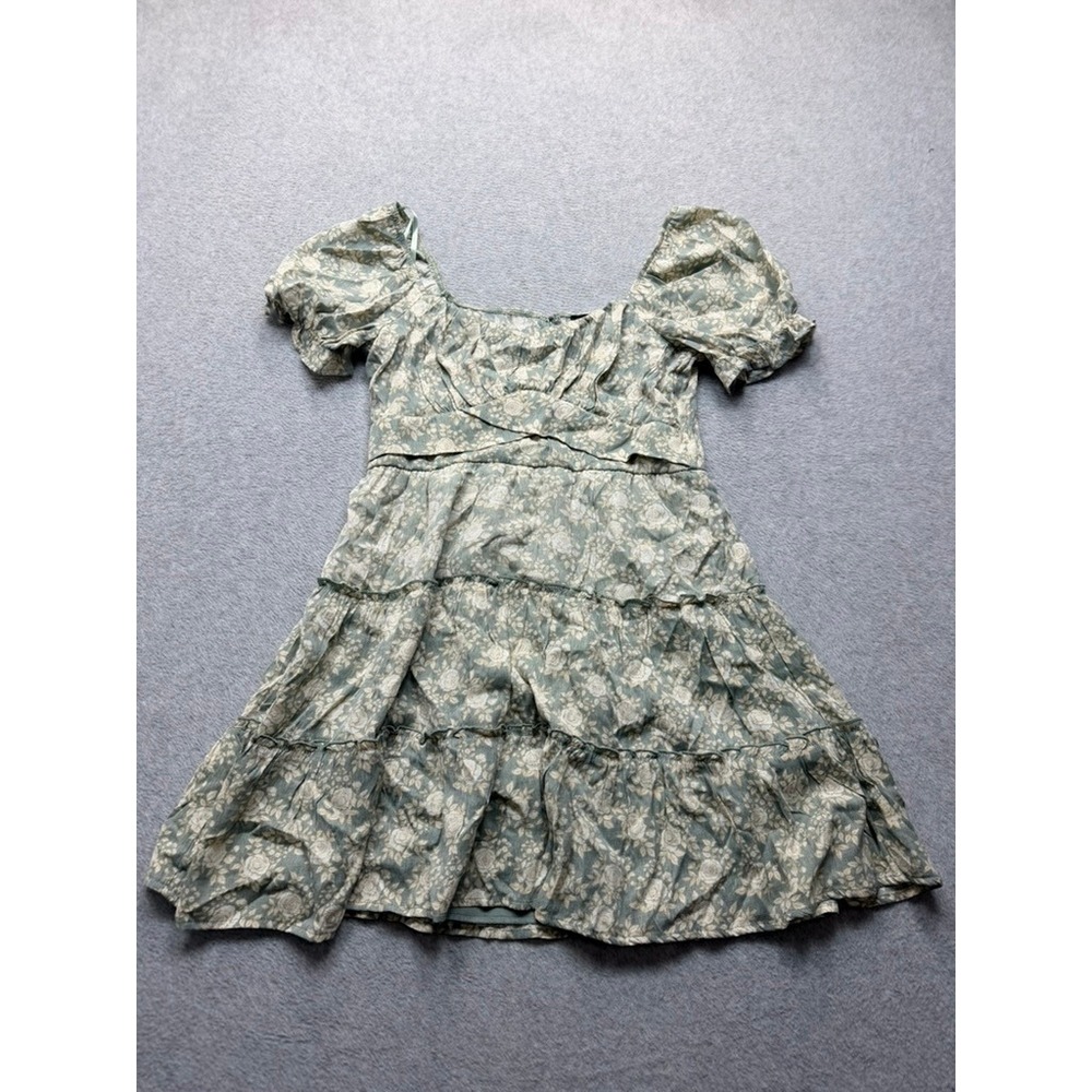 Trixxi Sage Green Floral Puff Sleeve Tiered Mini Dress Large 26DN29QGWV